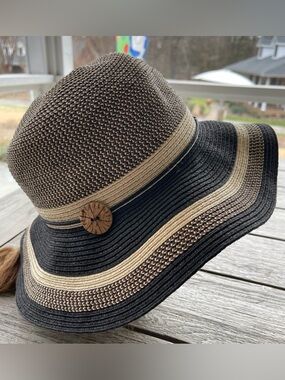 Wallaroo Hat Co. NOLA Striped Wide Brim Straw Sun Hat in Black, Beige and Brown